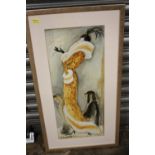 A MODERN FRAMED AND GLAZED KAREN DUPRE PRINT OF AN ART DECO STYLE LADY WITH TWO DOGS - SIZE INCLUDIN