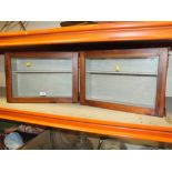 A PAIR OF GLAZED PINE DISPLAY SHELVES, OVERALL HEIGHT 36 CM, WIDTH 54 CM, DEPTH 17 CM