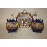A PAIR OF NORITAKE TWIN HANDLED HAND PAINTED VASES TOGETHER WITH AN ANTIQUE TEA POT