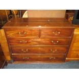 AN ANTIQUE MAHOGANY FIVE DRAWER CHEST OF DRAWERS H-93 W-125 CM - NO FEET