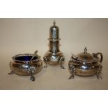 A LARGE HALLMARKED SILVER THREE PIECE CRUET SET WITH BLUE GLASS LINERS, STAMPED HARRODS LONDON,