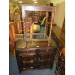 A SMALL OAK DRESSER W-90 CM WITH A LARGER SIMILAR SIDEBOARD AND AN OAK BARLEY TWIST OCCASIONAL TABLE