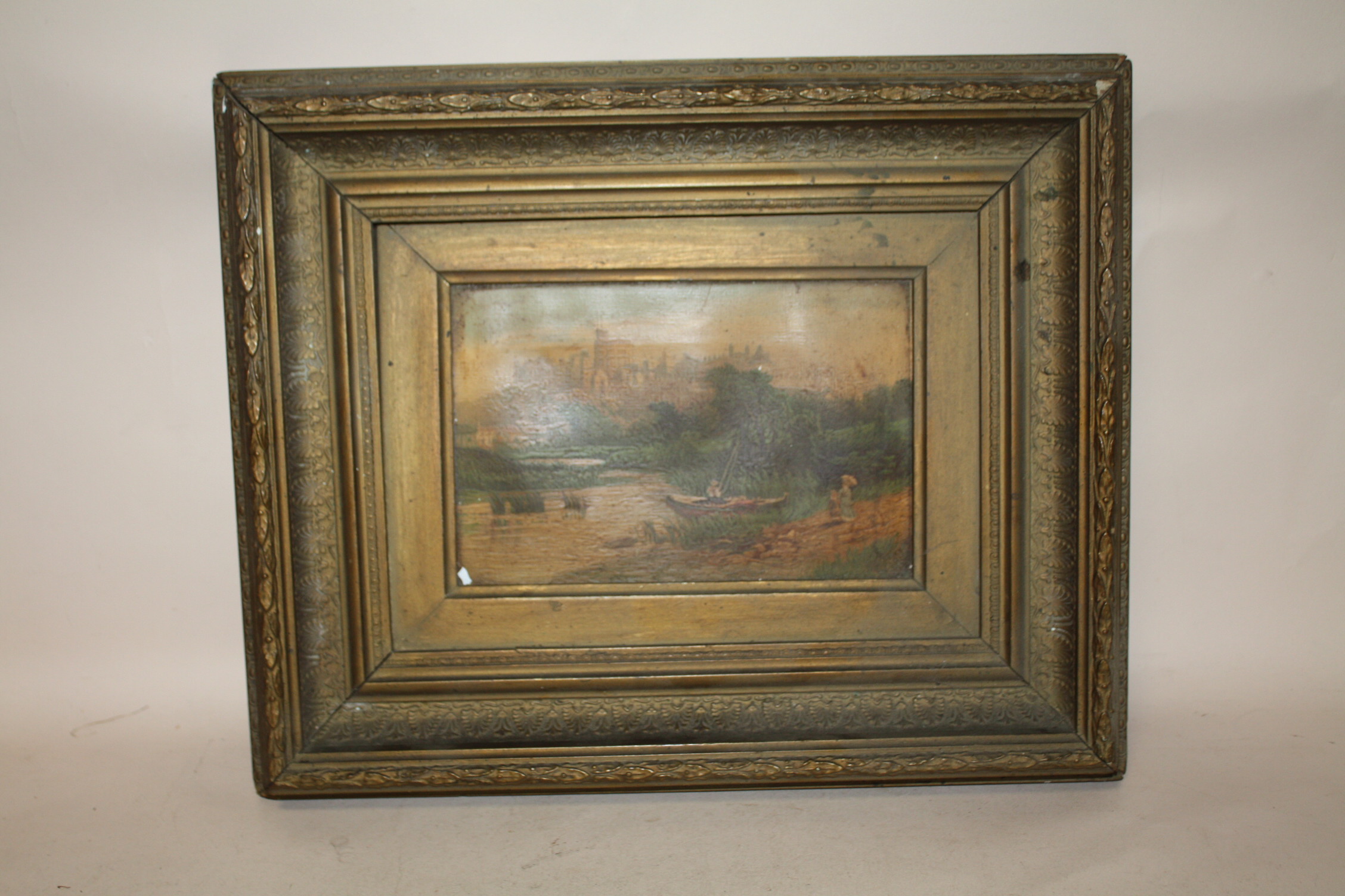 AN ANTIQUE GILT FRAMED OIL ON CANVAS OF A RURAL RIVER SCENE SIZE - 24CM X 16CM - Image 2 of 4