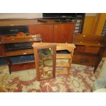 AN EDWARDIAN HANGING SHELF, A 1930;S OAK PAPER RACK, A PINE SHELF AND A MIRROR (4)