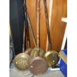 FIVE COPPER AND BRASS WARMING PANS