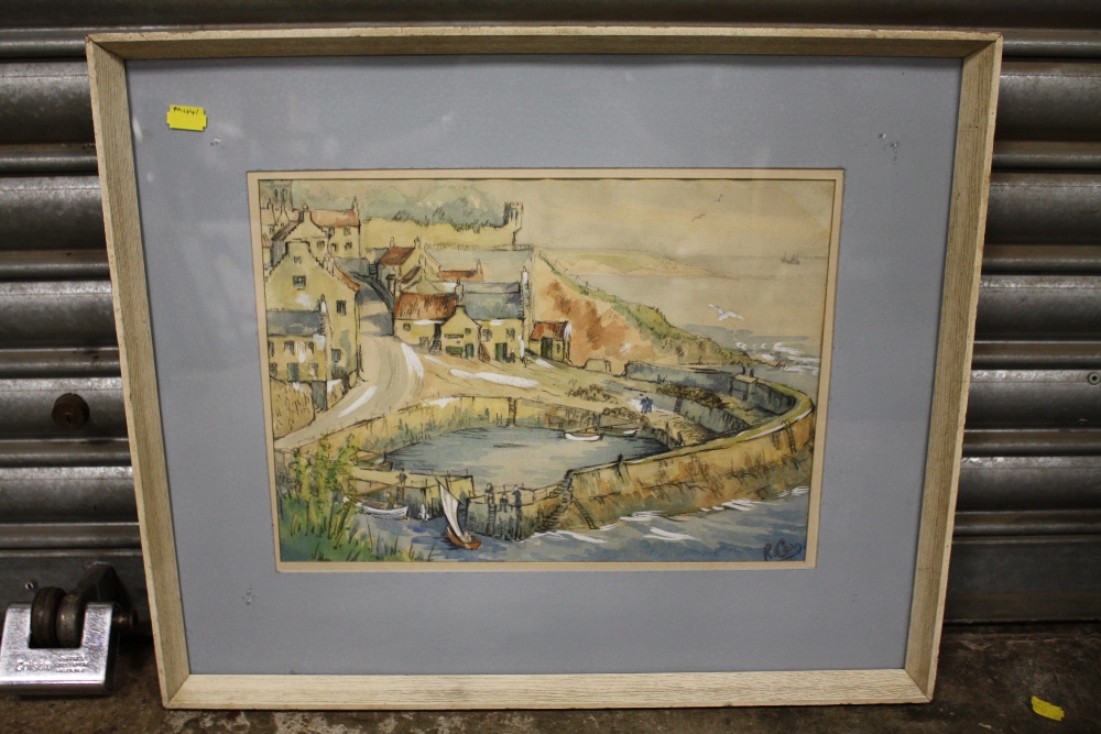 A FRAMED AND GLAZED WATERCOLOUR DEPICTING CRAIL HARBOUR, FIFE, SCOTLAND SIGNED R. CAY - SIZE 36.