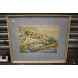 A FRAMED AND GLAZED WATERCOLOUR DEPICTING CRAIL HARBOUR, FIFE, SCOTLAND SIGNED R. CAY - SIZE 36.