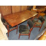 A RETRO DARK TEAK 'DALESCRAFT' TABLE AND 4 CHAIRS, TABLE H-78 L-181 CM A/F RIPS TO THE CHAIR SEAT