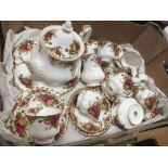 A TRAY OF ROYAL ALBERT OLD COUNTRY ROSES, TO INCLUDE TEA POT, TRIOS, PEPPERETTES ETC.