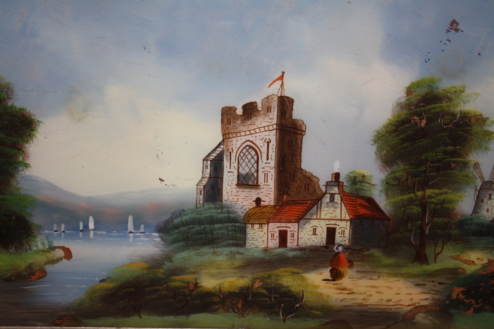 A SATINWOOD FRAMED REVERSE PAINTING ON GLASS DEPICTING A CHURCH BESIDE A RIVER A/F - SIZE 60CM X - Image 2 of 4