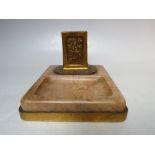 A GILT METAL AND MARBLE TABLE MATCHBOX HOLDER AND TRAY, W 12 cm