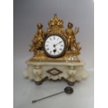 A FRENCH GILT SPELTER AND ALABASTER FIGURAL CLOCK, enamel dial with Roman numerals, single train