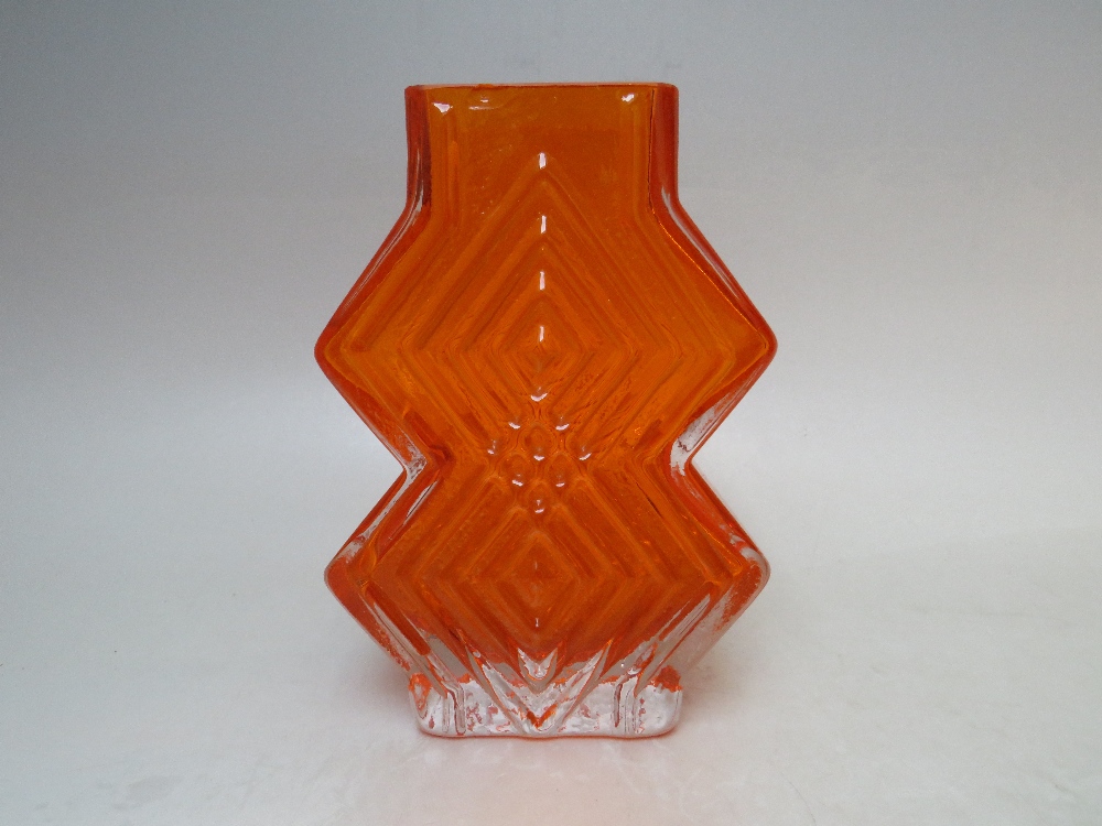 A WHITEFRIARS TANGERINE DOUBLE DIAMOND GLASS VASE, pattern 9759, designed by Geoffrey Baxter as part