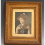 (XIX). Portrait study of a continental woman with feathered hat, unsigned, mixed media on panel,