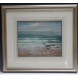 ATMOSPHERIC COASTAL BEACH SCENE WITH HALCYON GALLERY LABEL VERSO, indistinctly signed and dated 19?3