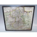 AN ANTIQUE HAND COLOURED SAXON- KIP MAP OF CAMBRIDGE c.1637 framed and glazed, 32 x 36 cm