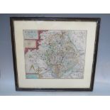 AN ANTIQUE HAND COLOURED SAXON- KIP MAP OF WARWICKSHIRE c.1637, framed and glazed, 29 x 36 cm