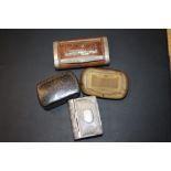 FOUR ASSORTED SNUFF BOXES, to include a novelty double sided example in the form of a book with