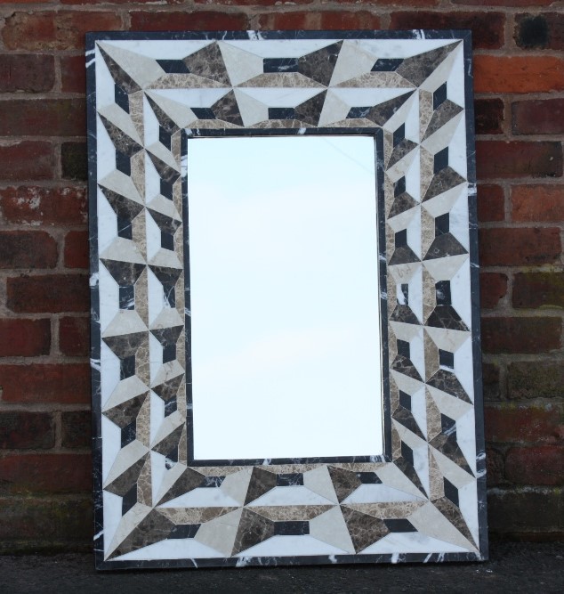 AN ART DECO STYLE TROMP L'OEIL INLAID MARBLE SURROUND MIRROR, mirror size 60 x 35 cm, overall size