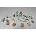 A COLLECTION OF EGYPTIAN SHABTI ETC., comprising a selection of small blue / green faience mummiform