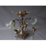 AN EDWARDIAN SILVER PLATED SIX BRANCH EPERGNE TABLE CENTRE / LAMP, the two light fittings with