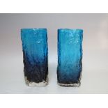 A PAIR OF KINGFISHER BLUE WHITEFRIARS STYLE TEXTURED GLASS VASES, of rectangular form, H 17.5 cm,