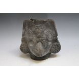 AN UNUSUAL TRIBAL POTTERY MASK HEAD VESSEL, possible Mayan, H 17.5 cm, S/DCondition Report:Damage to