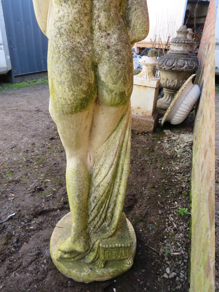 A LARGER STONE GARDEN FIGURE, in the form of a Grecian style figure in robe, H 160 cm - Image 6 of 10