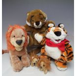 A VINTAGE MERRYTHOUGHT TIGER HAND PUPPET, together with three other vintage lion bears and a Kellogs