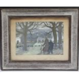 N.B.?? (XX). French school, figures and horses by a boating lake, signed lower right, gouache on