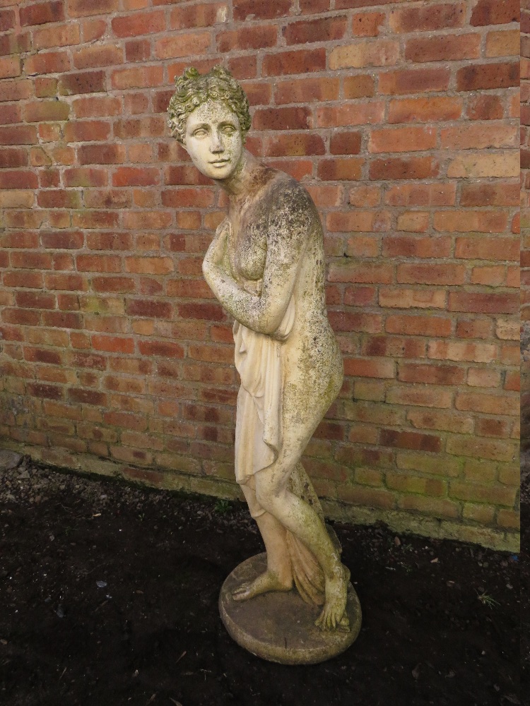 A LARGER STONE GARDEN FIGURE, in the form of a Grecian style figure in robe, H 160 cm - Image 5 of 10