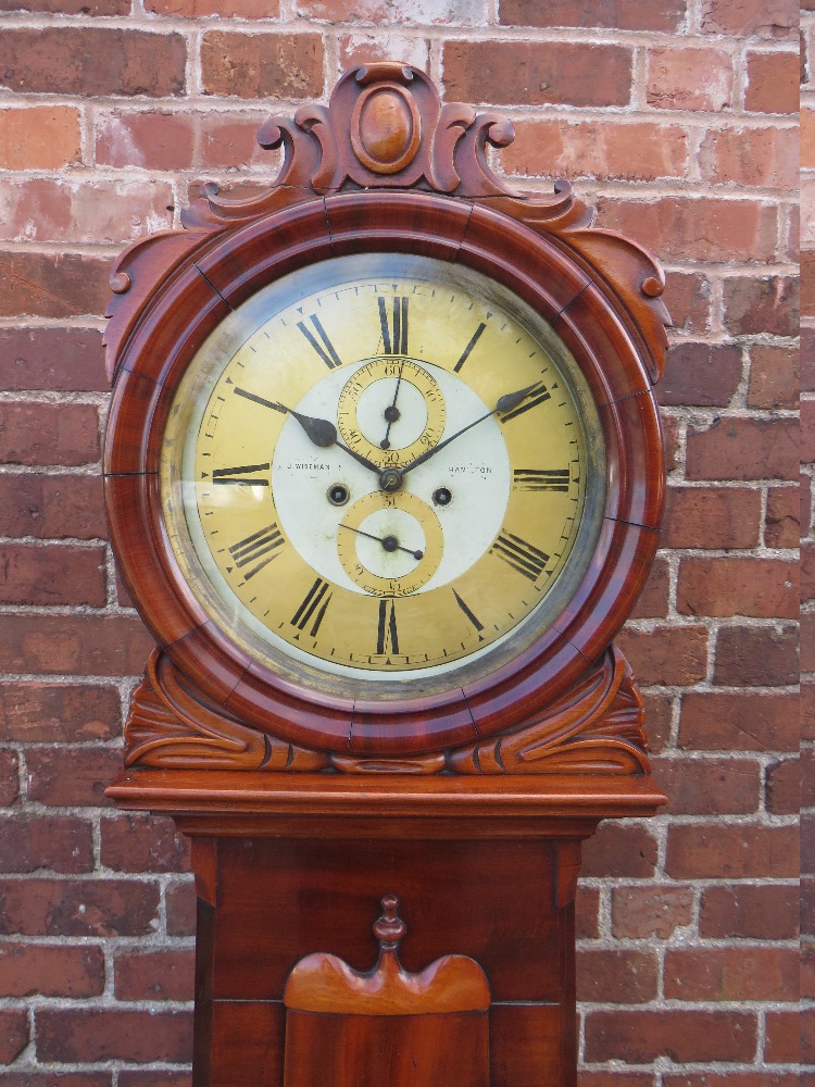 A 19TH CENTURY SCOTTISH MAHOGANY LONGCASE CLOCK BY JAMES WISEMAN OF HAMILTON, the painted and gilt