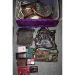 A BOX OF LADIES DESIGNER STYLE HANDBAGS AND PURSES ETC.