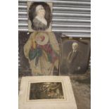 AN ANTIQUE PART OIL ON PANEL OF A RELIGIOUS FIGURE A/F TOGETHER WITH A WATERCOLOUR PORTRAIT STUDY OF