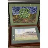 A COLLECTION OF PICTURES AND PRINTS TO INCLUDE AN ABSTRACT PAINTING OF A TREE, CRICKET INTEREST
