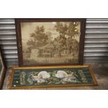 AN ANTIQUE OAK FRAMED AND GLAZED TAPESTRY DEPICTING A WATERMILL TOGETHER WITH A GILT FRAMED