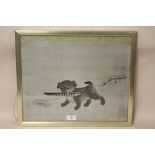 A FRAMED AND GLAZED KOREAN PRINT OF A 17TH CENTURY WATERCOLOUR DEPICTING A PUPPY CARRYING A PHEASANT