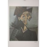 A FRAMED AND GLAZED LIMITED EDITION PICASSO ABSTRACT PORTRAIT STUDY PRINT 51/200 WITH BLIND STAMP
