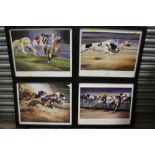 A SET OF FOUR FRAMED AND GLAZED SIGNED GREYHOUND RACING INTEREST PRINTS BY DAVID FRENCH OVERALL SIZE