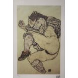 A FRAMED AND GLAZED LIMITED EDITION EGON SCHIELE ABSTRACT PRINT OF A SEMI NUDE FIGURE WITH
