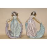 TWO LLADRO LADY FIGURES IN BLUE AND PINK DRESSES, H 23 CM