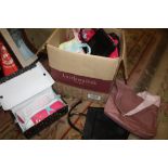 A BOX OF LADIES RADLEY AND OTHER DESIGNER STYLE HANDBAGS, PLAYBOY SHOES ETC.