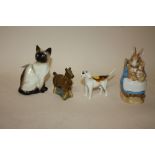A BESWICK SEAL POINT CAT FIGURE, FOX HOUND AND A WADE FIGURE OF A HORSE AND A BORDER FINE ARTS