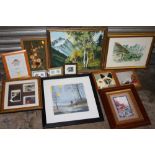 A COLLECTION OF PICTURES AND PRINTS TO INCLUDE OILS ON BOARD DEPICTING MOUNTAINOUS SCENES, FRAMED