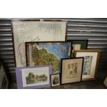 A QUANTITY OF PICTURES AND PRINTS TO INCLUDE A LARGE HAND STITCHED MAP OF SOUTH AFRICA TOGETHER WITH