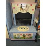 A MODERN PAINTED CHILDS OPEN BOOKCASE H-124 W-81 CM AND A TOY BOX (2)