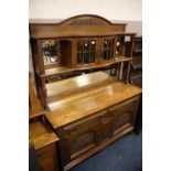 AN ANTIQUE OAK MIRRORBACK AND GLAZED SIDEBOARD H-200 W-152 CM