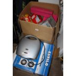 A BOX OF HOUSEHOLD ELECTRICALS TO INCLUDE A FAN HEATER, HAIR STRAITENERS, CHOCOLAT FOUNTAIN ETC