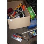 A BOX AND A TRAY OF TOOLS AND PARTS ETC