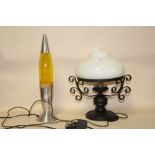 A MODERN CAST METAL TABLE LAMP WITH GLASS SHADE A/F TOGETHER WITH A LAVA LAMP (2)